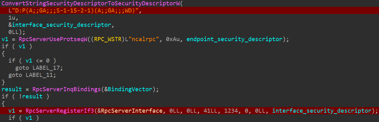 Figure 16. Permissive security descriptor applied to the RPC interface Figure 16. Permissive security descriptor applied to the RPC interface