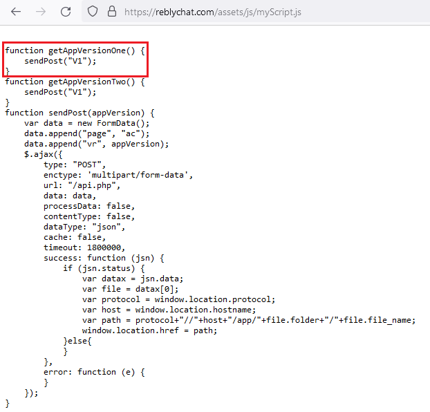 Figure 3. JavaScript code responsible for downloading the malicious app Figure 3. JavaScript code responsible for downloading the malicious app