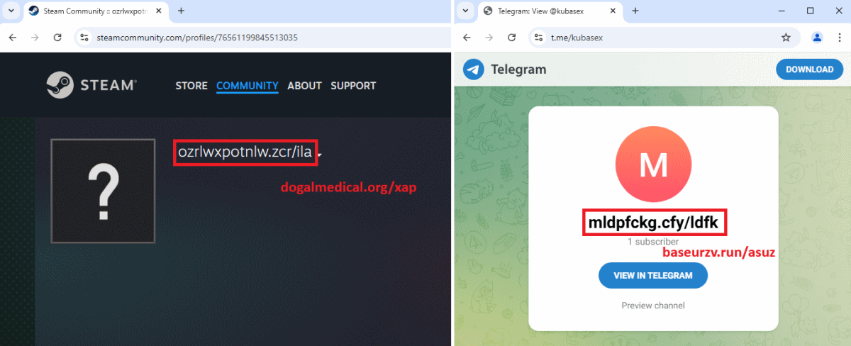 Figure 6. Steam profile and Telegram channel used as dead-drop resolvers